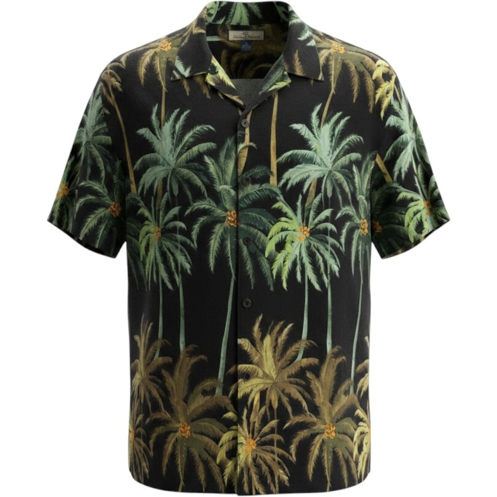 Tommy Bahama Shirt Mens Medium Black Silk Palm Tree Tropical Camp Button Down